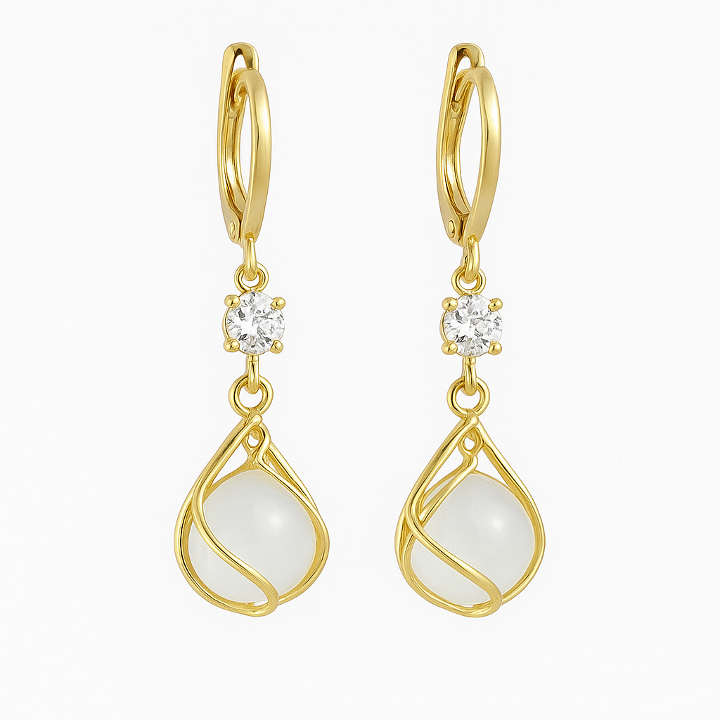 Złote Kolczyki Wiszące z Białą Opalem